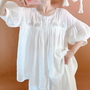森女系短袖白衬衫2024夏季新款大码苎麻衬衣女中袖棉麻娃娃衫上衣