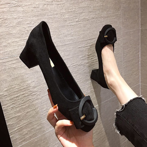 香港网红方头高跟鞋女2021夏季新款黑色工作鞋舒适粗跟方扣单鞋女