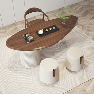 阳台茶桌椅组合实木原木茶台烧水壶一体家用奶油风现代简约泡茶桌