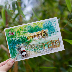 运朝洋/手绘成都国宝熊猫明信片天府之国四川名胜春熙路毕业季旅行