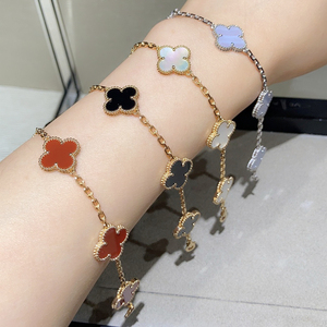 梵克雅宝手链五花手环18k金黄金lucky草系列红玉髓贝母玛瑙石镶钻