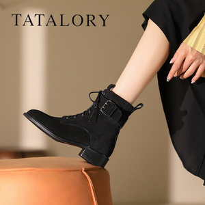 TATA LORY女鞋秋冬法式平底切尔西短靴磨砂短筒系带马丁靴及踝靴