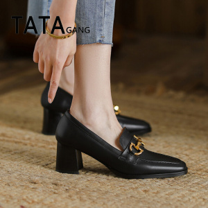tata gang他她港风女鞋2022新款高跟鞋粗跟单鞋黑色小皮鞋工作鞋