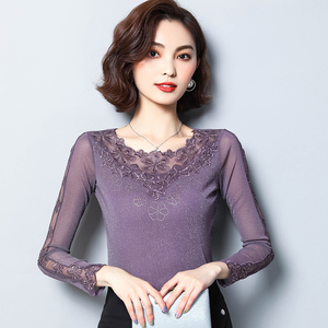 蕾丝网纱低领打底衫女春季内搭薄款镂空t恤百搭中年妈妈弹力纱衣
