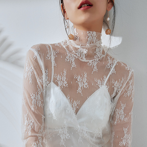 高领蕾丝打底衫女透明网纱长袖内搭沙衣春秋洋气白色透视薄纱上衣