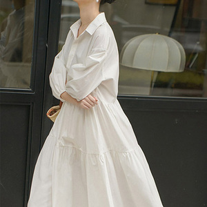2022年新款春秋chic长裙法式初恋温柔风白色甜美收腰衬衫连衣裙子