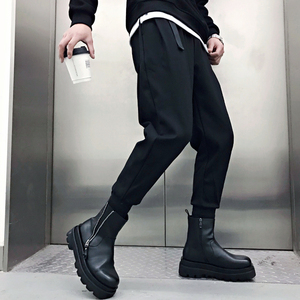 潮牌秋冬季加绒痞帅配马丁靴束脚卫裤百搭潮流暗黑系飘带休闲男装