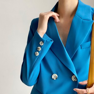 蓝色西装外套女2022春秋新款小众设计感休闲百搭高级西服纽扣长袖