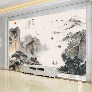 中式电视背景墙壁纸客厅装饰影视墙墙布山水情卧室壁画8d网红墙纸