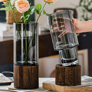 简约创意木托玻璃花瓶直筒银柳插干花瓶富贵竹大花瓶客厅装饰摆件