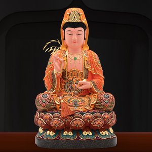 香樟木雕佛像古彩观音神像坐莲花家用观音供奉南海观世音菩萨摆件