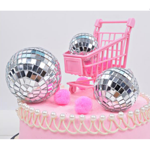 镜面球蛋糕装饰摆件银色反光玻璃球粉红顽皮豹购物车生日烘焙装扮