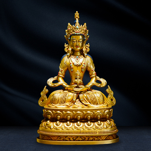 长寿佛全铜24cm尼泊尔工艺藏式錾刻无量寿佛长寿三尊佛像摆件家用