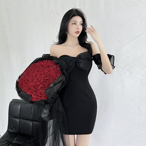 夜 店装性感超仙party小礼服夏高级感黑色蝴蝶结抹胸一字肩连衣裙