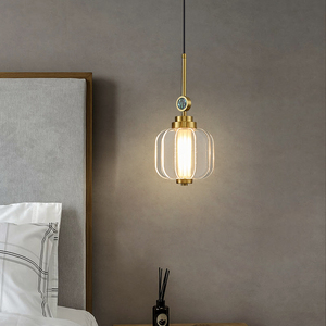 床头吊灯全铜现代中式房间铜灯卧室吊线灯新中式小吊灯掉线床头灯
