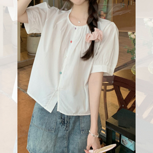 洛骄庄夏装新款减龄宽松洋气纯色短袖少女感彩色纽扣衬衫小众上衣
