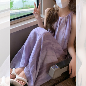 洛骄庄海边度假风无袖挂脖长裙紫色显白气质褶皱设计感连衣裙女装