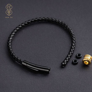 皮绳手链DIY可穿3D硬金替换黄金转运珠真皮编织粗手绳黑色半成品