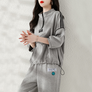 灰色运动服套装女夏薄款七分袖2024年韩版宽松休闲时尚卫衣两件套