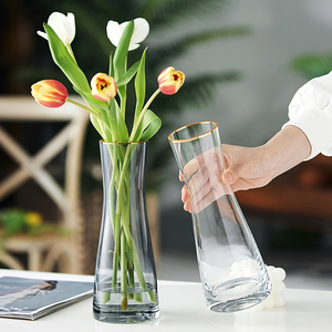 花瓶轻奢欧式客厅摆件描金小蛮腰玻璃花瓶透明鲜干花玫瑰插花花瓶