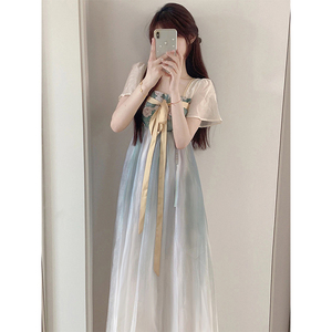 新中式女装国风改良汉服汉元素小个子气质超仙蓝色连衣裙子女夏季