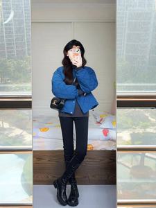 小个子蓝色抽绳菱格羽绒服女2023冬季新超好看款短款圆领棉服外套