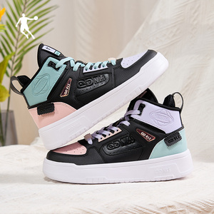 乔丹女鞋运动鞋女秋季新款透气高帮鸳鸯板鞋增高皮面防水休闲鞋子