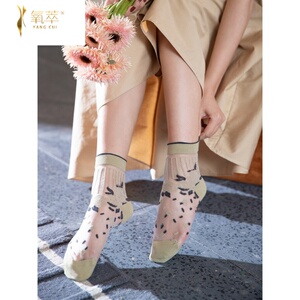 网纱薄款少女心透明凉鞋袜子女潮网红款韩版卡通小花玻璃丝中筒袜