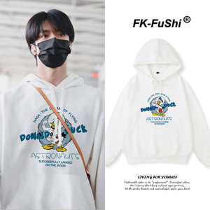 时代少年团刘耀文同款唐老鸭白色连帽卫衣女加绒秋冬宽松男外套潮