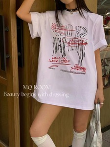 MQ正品新款美式时髦印花短袖T恤女2024春夏韩版宽松百搭垫肩上衣