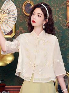 新中式国风立领刺绣雪纺衬衫女设计感小众A子短款宽松盘扣上衣