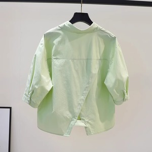 小众薄荷绿色衬衫女欧货时尚洋气小个子短款宽松遮肚半袖中袖衬衣