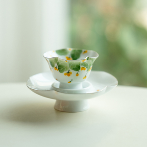 拓土描白金纯手绘金桂飘香荷韵套杯创意造型陶瓷釉下彩茶杯带杯垫