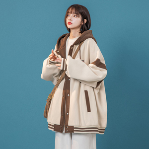 奶杏色假两件开衫卫衣外套女春秋款戴帽子vintage棒球服oversize