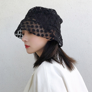 夏天帽子ins新款蕾丝渔夫百搭碎花刺绣遮阳女士水桶韩版透明网纱