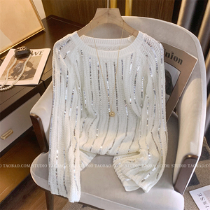 银色亮片白色镂空针织衫2024秋季新款女装高端欧货洋气漂亮打底衫