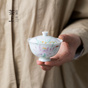 二才盖碗泡茶碗手绘戏荷葵口家用功夫茶具日式单个陶瓷茶杯敬茶碗