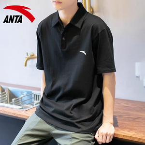 安踏polo短袖男士2022夏季新款宽松透气速干运动翻领黑色男t恤衫