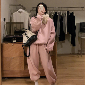 冬装搭配一整套法式小香风休闲时尚运动服粉色卫衣两件套装裤女秋