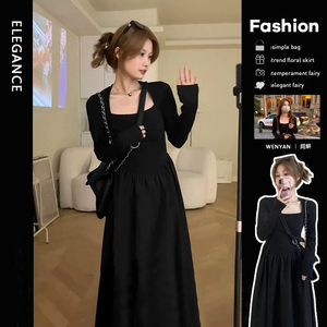 黑色长袖连衣裙子女春秋季法式赫本风质感高级感收腰显瘦气质长裙