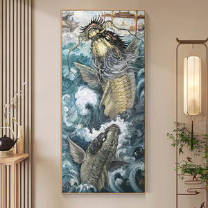 新中式鲤鱼跃龙门纯手绘油画客厅抽象锦鲤装饰画玄关国潮肌理挂画