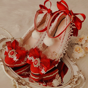原创lolita中华风手作华丽优雅花嫁茶会lo鞋虎红色国风新年高跟鞋