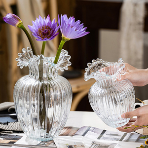 轻奢创意北欧ins浪花口玻璃花瓶透明欧式水养插花客厅装饰品摆件