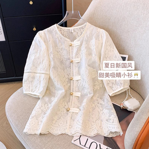 新中式刺绣短袖衬衫女夏季新款大码胖mm遮肚国风蕾丝小衫欧货上衣