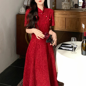新中式红色蕾丝改良旗袍连衣裙女夏季新款大码结婚敬酒服新娘长裙