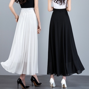黑色雪纺半身裙夏季新款纯色a字裙百搭高腰白色长裙大码大摆舞裙