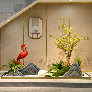 楼梯下造景新中式室内景观橱窗玄关装饰摆件仿真石头绿植艺术造景