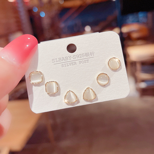 简约小巧几何猫眼石套装组合耳钉韩国气质可爱时尚百搭纯银针耳环