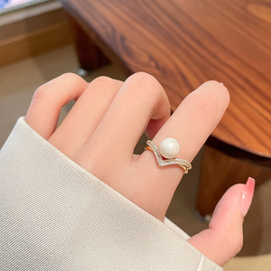 珍珠锆石闪钻开口戒指女轻奢高级感小众独特设计可调节食指指环