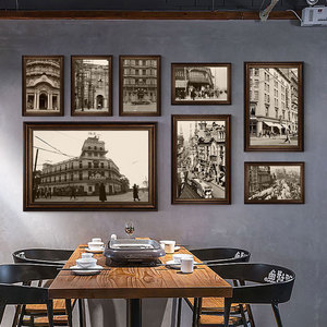 民国风装饰画怀旧复古街景建筑海报老照片火锅店餐厅画老上海挂画